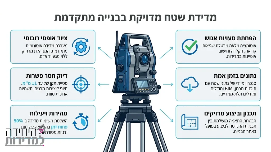 מודד שטח מוסמך מבצע מדידות באתר בנייה עם ציוד מקצועי