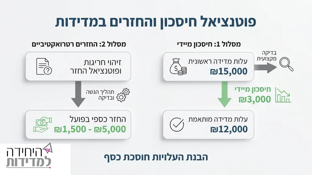 בפסקה המדברת על עלויות, חיסכון כלכלי והחזרים רטרואקטיביים השוואת מסמכים פיננסיים ותשריטים הנדסיים הממחישים חיסכון בעלויות
