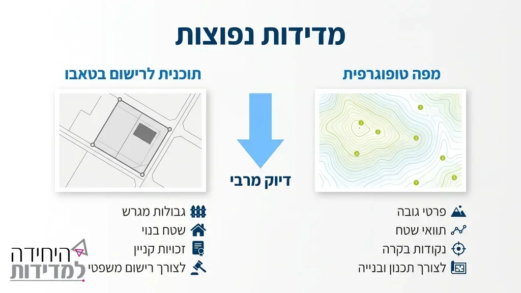 פירוט על סוגי מדידות נפוצים, כולל מפות טופוגרפיות ותוכניות לצורכי רישום בטאבו. שרטוט מפה טופוגרפית מדויקת ותוכניות בנייה על שולחן עבודה