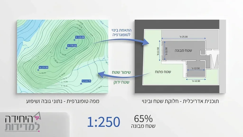 מפה טופוגרפית מונחת על שולחן עבודה לצד תוכניות אדריכליות שרטוט מפה טופוגרפית לבית פרטי