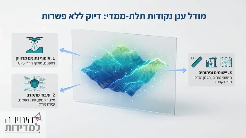 מודל תלת ממדי וענן נקודות של תוואי שטח על מסך מחשב