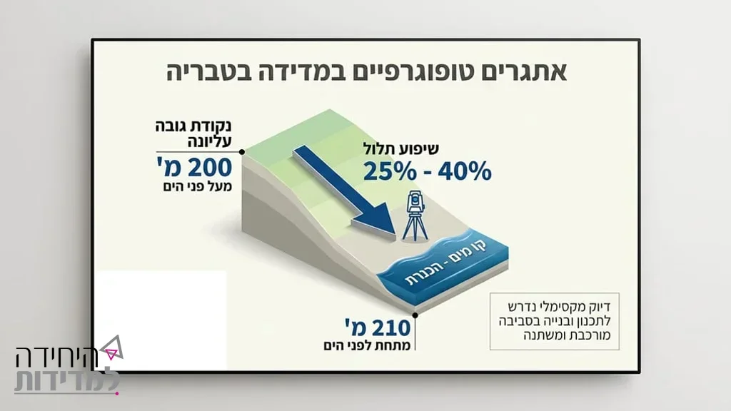 ציוד מדידה הנדסי מתקדם מוצב על חצובה אל מול נוף הכנרת