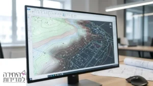 מסך מחשב המציג שרטוט של מפה טופוגרפית במשרד הנדסי