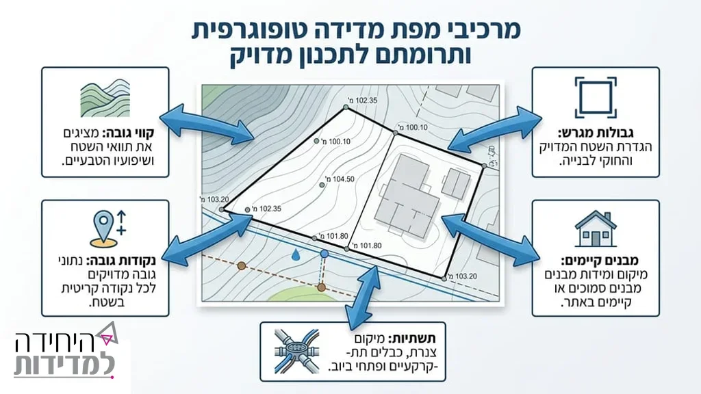 מפת מדידה טופוגרפית מונחת על שולחן עבודה עם כלי שרטוט